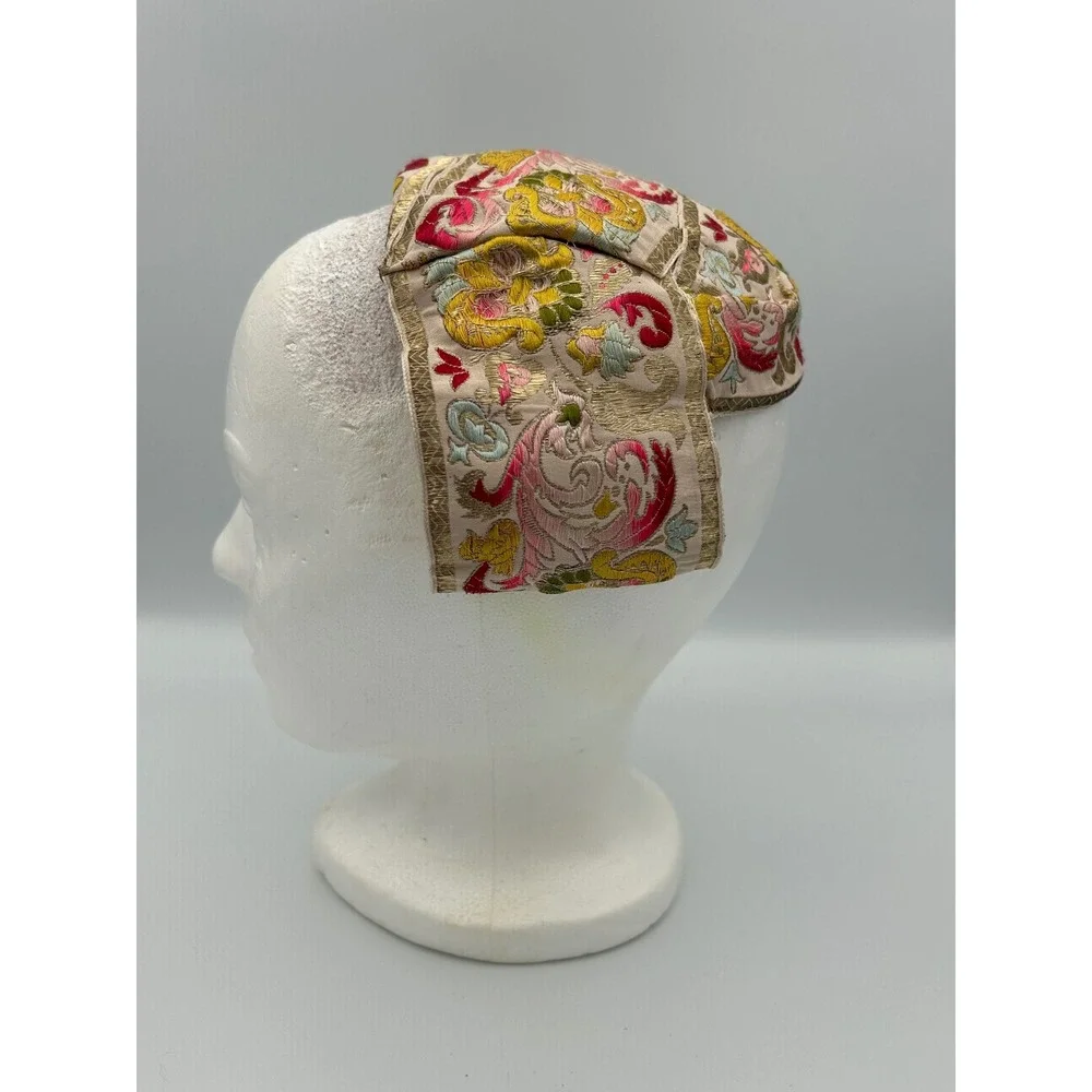 Vintage Jo Bailey Hats Embroidered Floral Pillbox Fascinator Gold Metallic Pink